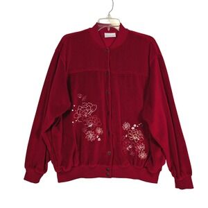 M Alfred Dunner Red Velour Floral‎ Embroidered Button Front Cardigan